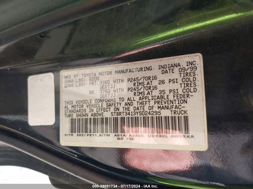 2000 Toyota Tundra Sr5 V8 VIN: 5TBRT3413YS024295 Lot: 39891734