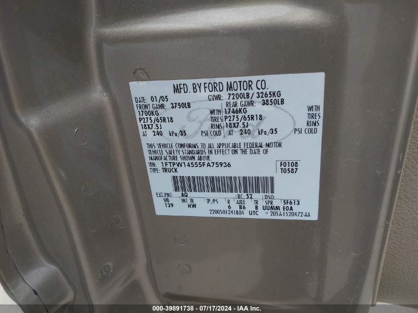 2005 Ford F-150 Fx4/Lariat/Xlt VIN: 1FTPW14555FA75936 Lot: 39891738
