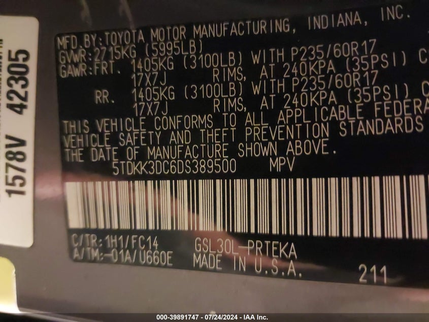 2013 Toyota Sienna Le V6 8 Passenger VIN: 5TDKK3DC6DS389500 Lot: 39891747