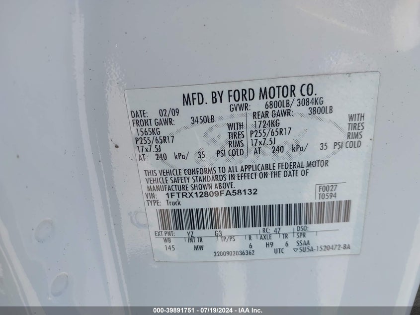 2009 Ford F-150 Stx/Xl/Xlt VIN: 1FTRX12809FA58132 Lot: 39891751