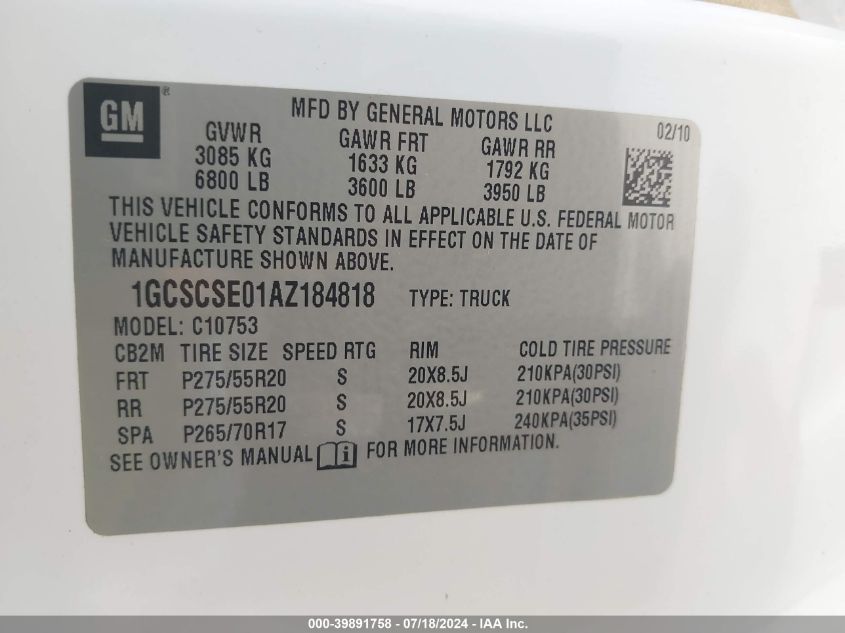 2010 Chevrolet Silverado 1500 Lt VIN: 1GCSCSE01AZ184818 Lot: 39891758