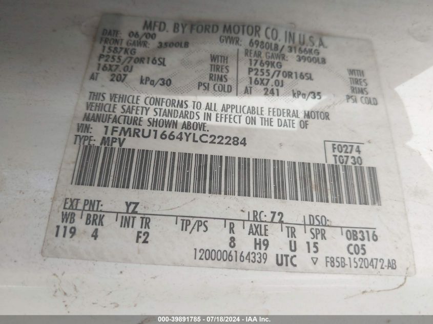 2000 Ford Expedition Xlt VIN: 1FMRU1664YLC22284 Lot: 39891785