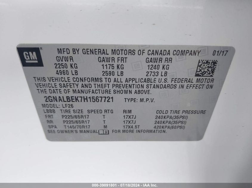 2017 CHEVROLET EQUINOX LS - 2GNALBEK7H1567721