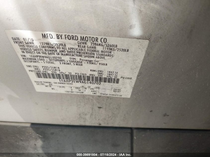 2010 Ford Taurus Sel VIN: 1FAHP2EW9AG140702 Lot: 39891804