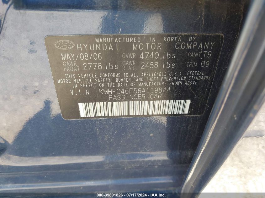 2006 Hyundai Azera Limited/Se VIN: KMHFC46F56A119844 Lot: 39891826