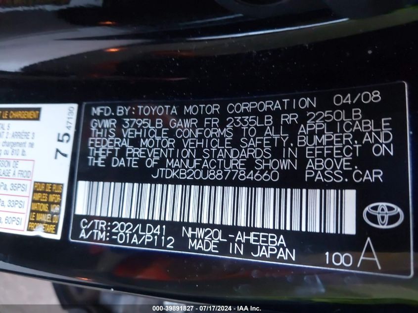 2008 Toyota Prius VIN: JTDKB20U887784660 Lot: 39891827