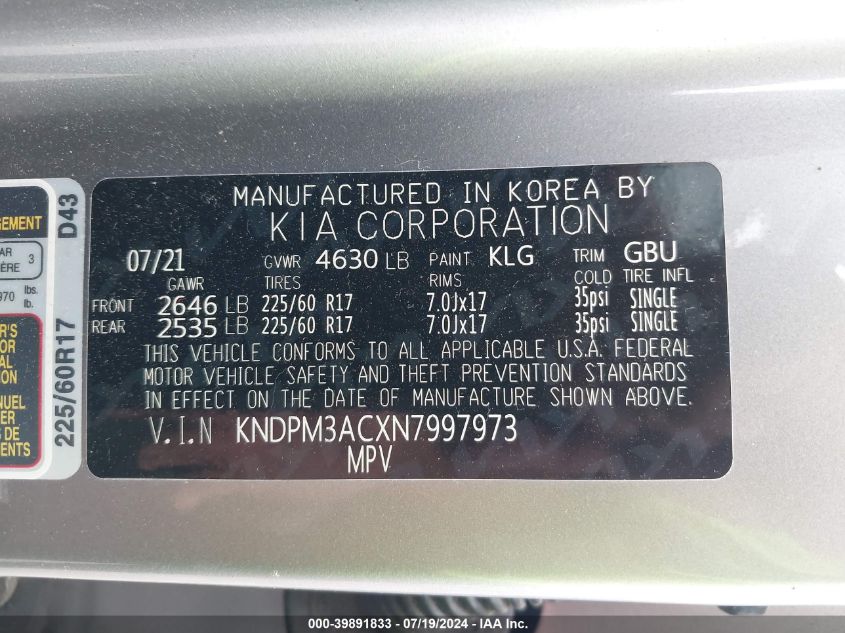 2022 Kia Sportage Lx VIN: KNDPM3ACXN7997973 Lot: 39891833