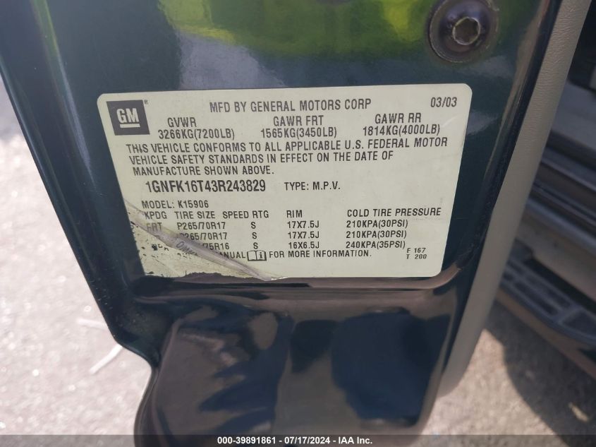 2003 Chevrolet Suburban 1500 Z71 VIN: 1GNFK16T43R243829 Lot: 39891861