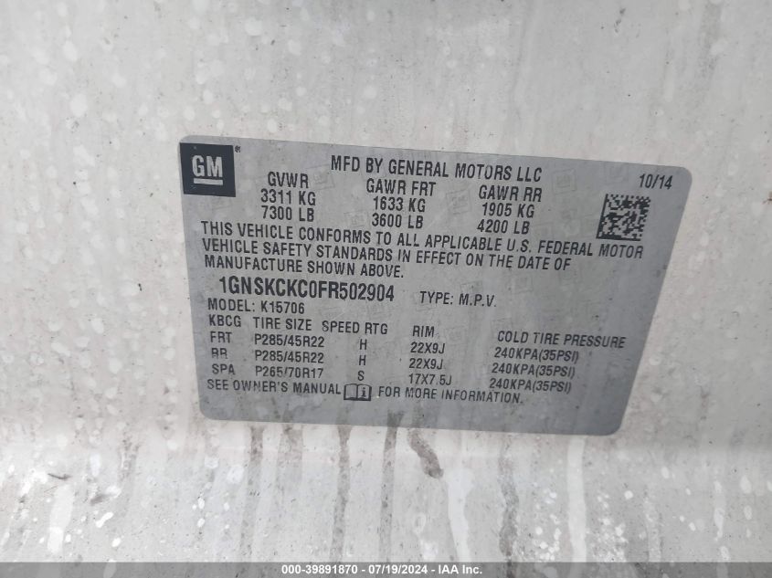 2015 Chevrolet Tahoe Ltz VIN: 1GNSKCKC0FR502904 Lot: 39891870
