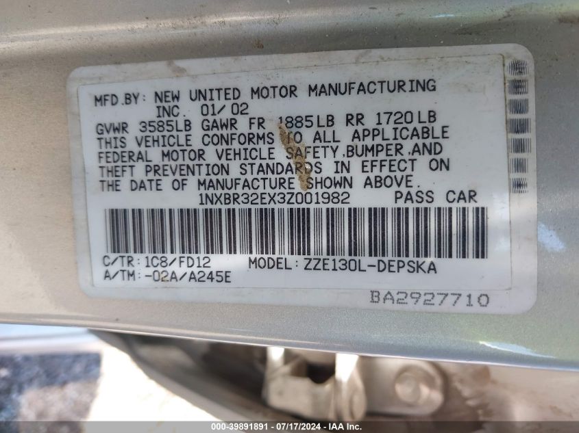 2003 Toyota Corolla S VIN: 1NXBR32EX3Z001982 Lot: 39891891