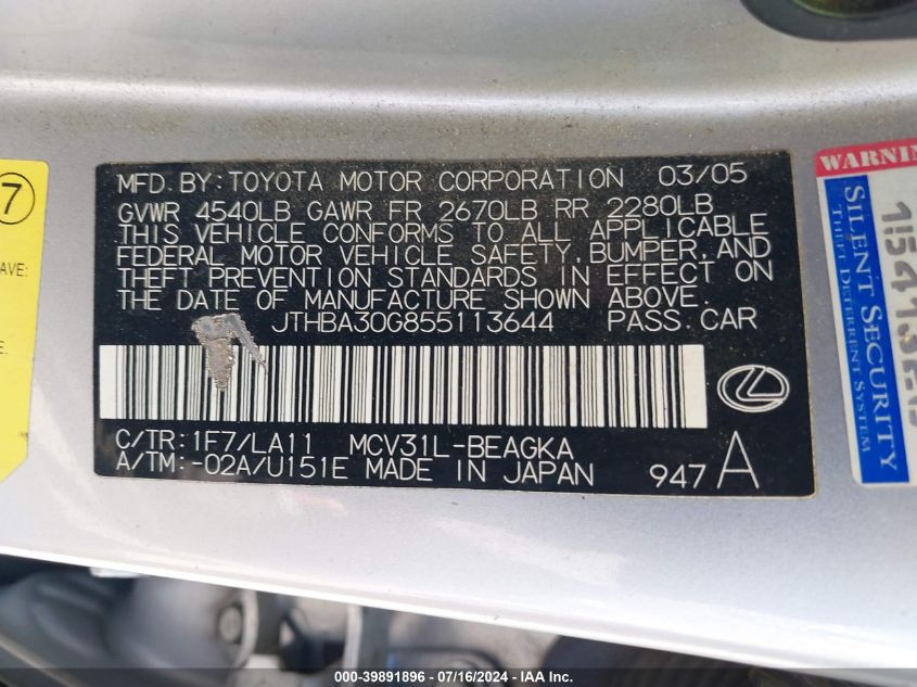 2005 Lexus Es 330 VIN: JTHBA30G855113644 Lot: 39891896