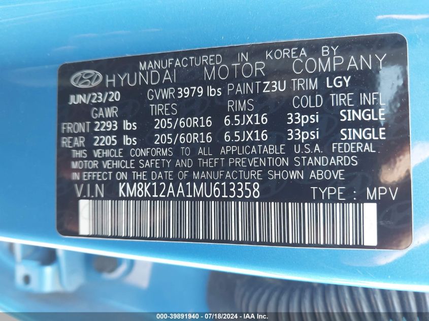 2021 Hyundai Kona Se VIN: KM8K12AA1MU613358 Lot: 39891940