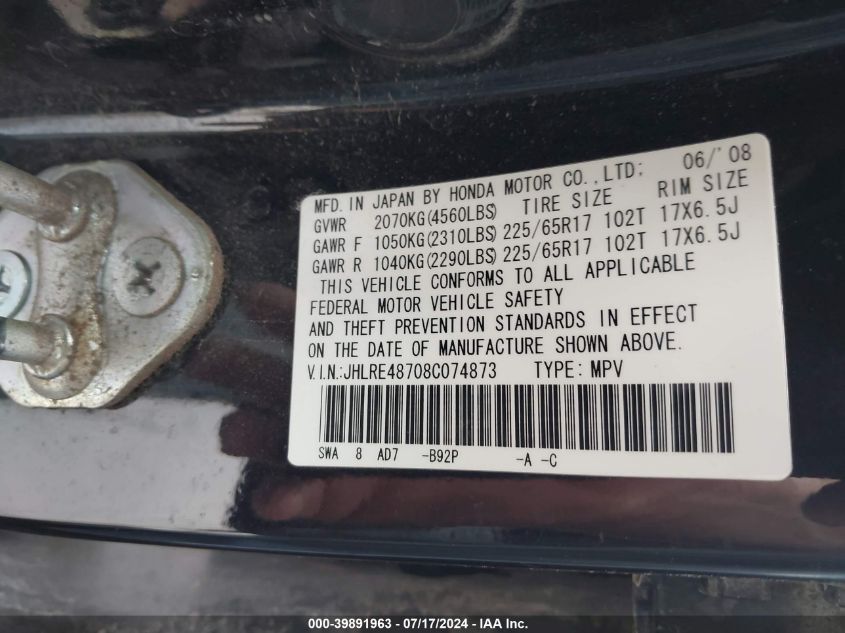 2008 Honda Cr-V Ex-L VIN: JHLRE48708C074873 Lot: 39891963