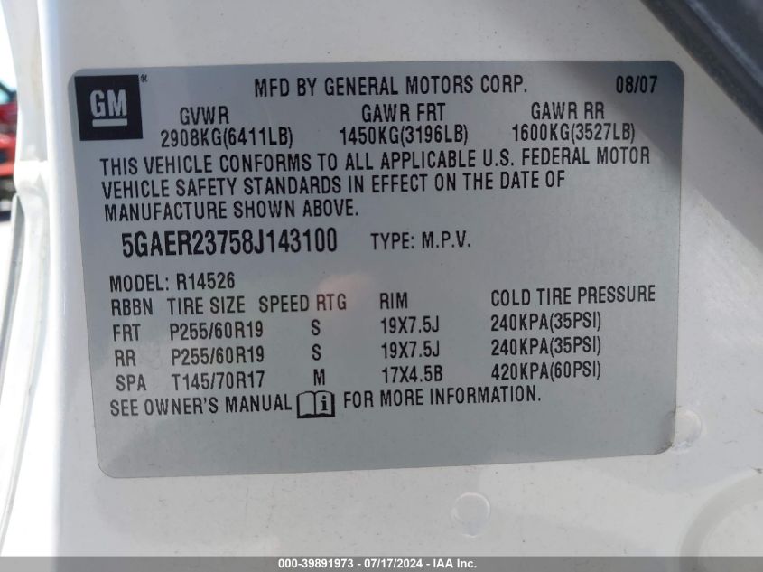 2008 Buick Enclave Cxl VIN: 5GAER23758J143100 Lot: 39891973