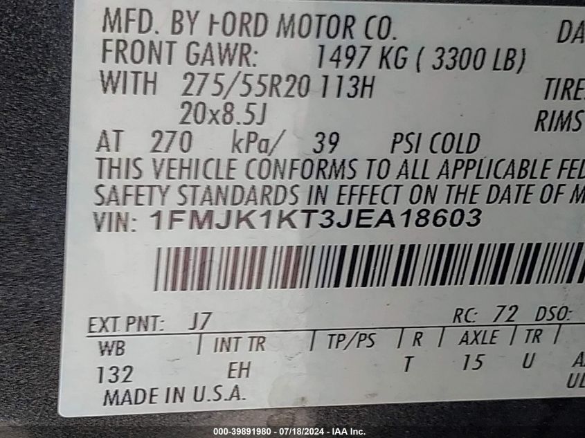 2018 Ford Expedition Max Limited VIN: 1FMJK1KT3JEA18603 Lot: 39891980