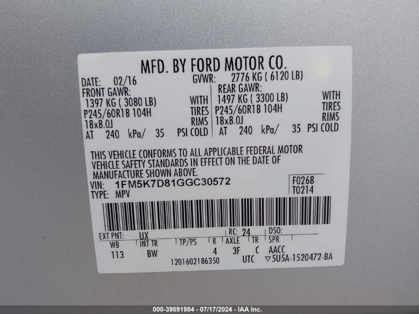 2016 Ford Explorer Xlt VIN: 1FM5K7D81GGC30572 Lot: 39891984