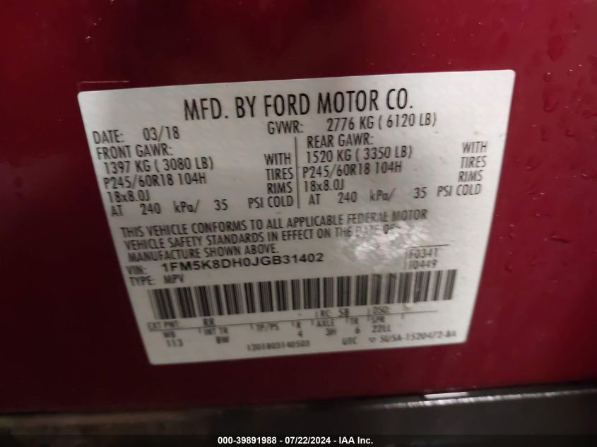 2018 Ford Explorer Xlt VIN: 1FM5K8DH0JGB31402 Lot: 39891988