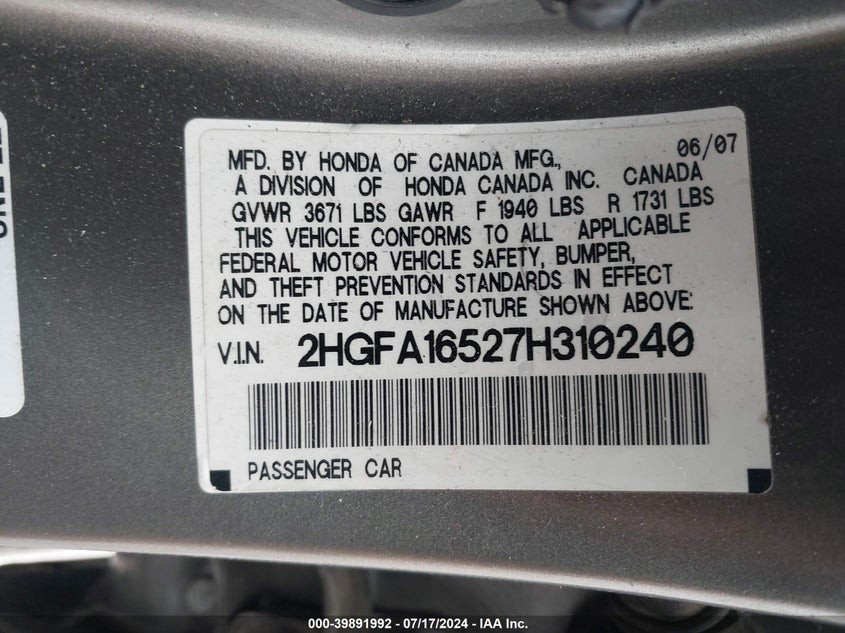 2007 Honda Civic Lx VIN: 2HGFA16527H310240 Lot: 39891992