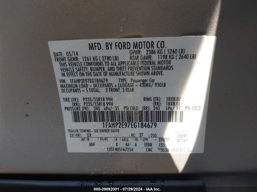 2014 Ford Taurus Sel VIN: 1FAHP2E97EG184679 Lot: 39892001