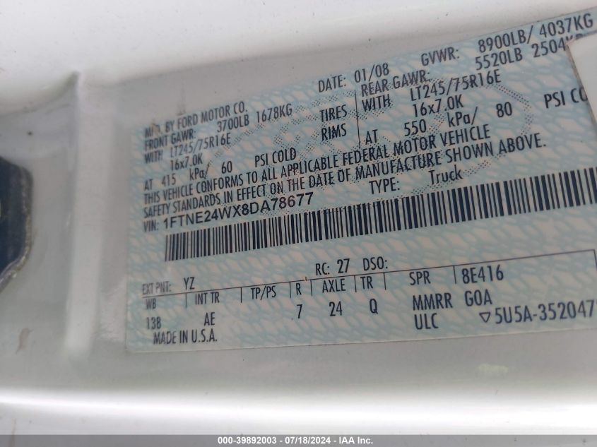 2008 Ford E-250 Commercial/Recreational VIN: 1FTNE24WX8DA78677 Lot: 39892003
