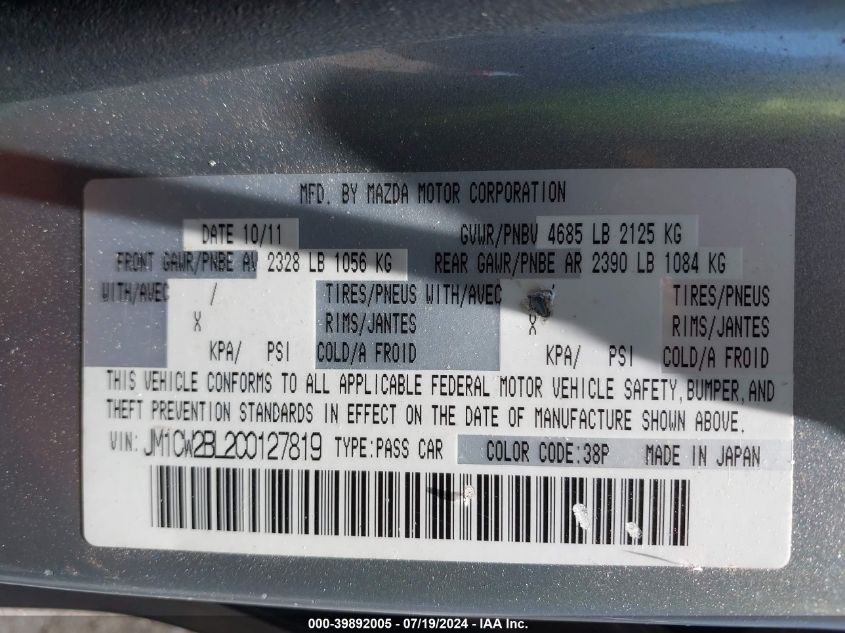 2012 Mazda Mazda5 Sport VIN: JM1CW2BL2C0127819 Lot: 39892005