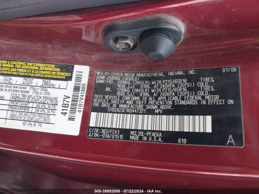 2006 Toyota Sienna Le VIN: 5TDZA23C16S447321 Lot: 39892008