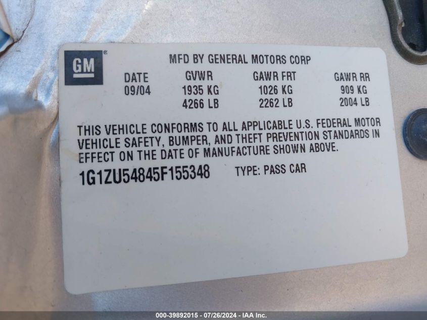 2005 Chevrolet Malibu Lt VIN: 1G1ZU54845F155348 Lot: 39892015