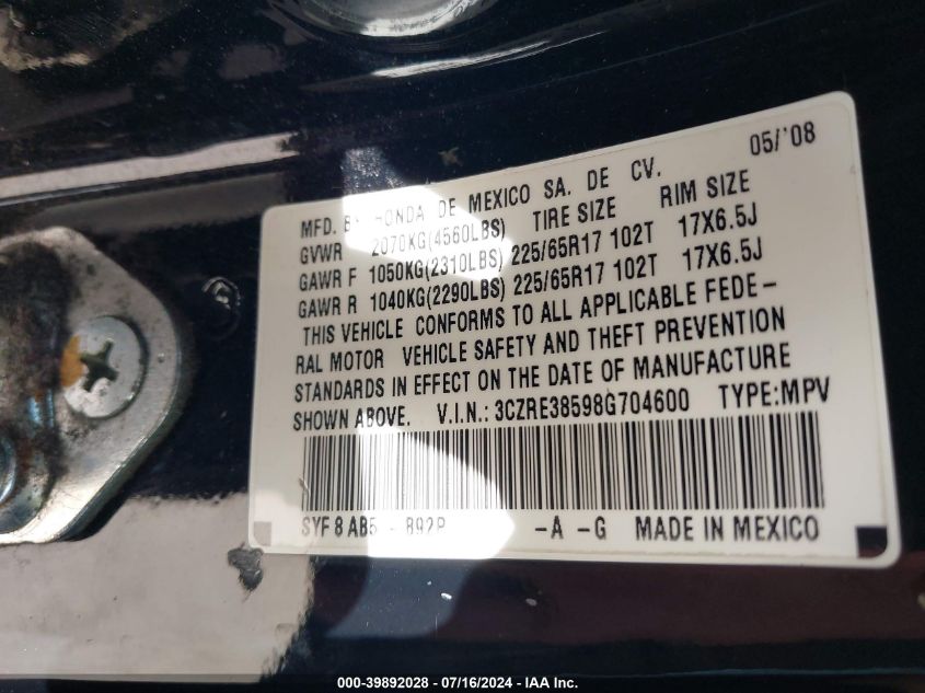 2008 Honda Cr-V Ex VIN: 3CZRE38598G704600 Lot: 39892028