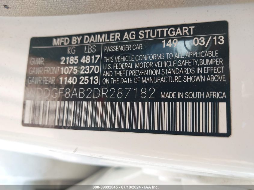 2013 Mercedes-Benz C 300 4Matic VIN: WDDGF8AB2DR287182 Lot: 39892045