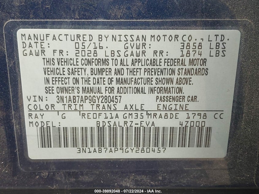 2016 Nissan Sentra Sr VIN: 3N1AB7AP9GY280457 Lot: 39892048