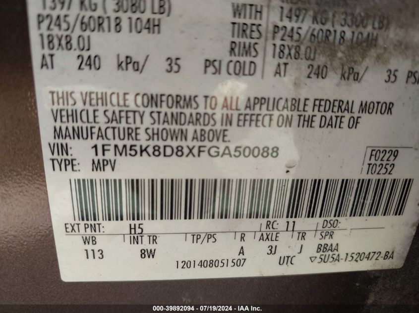 2015 Ford Explorer Xlt VIN: 1FM5K8D8XFGA50088 Lot: 39892094