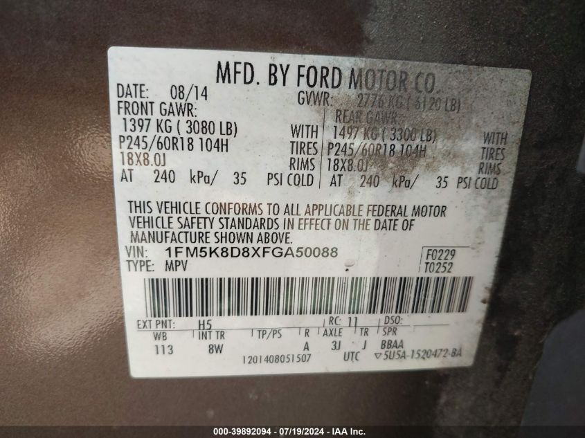 2015 Ford Explorer Xlt VIN: 1FM5K8D8XFGA50088 Lot: 39892094