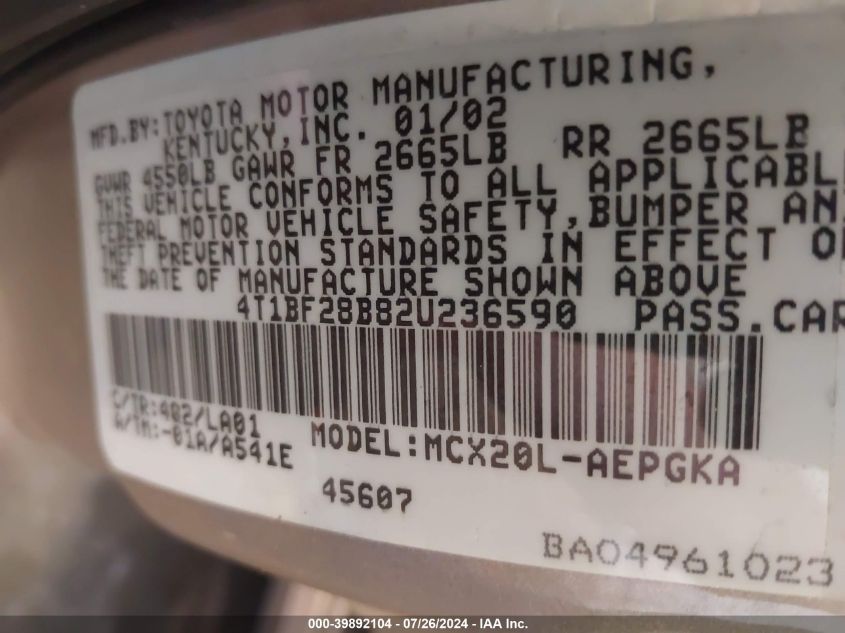 2002 Toyota Avalon Xls VIN: 4T1BF28B82U236590 Lot: 39892104