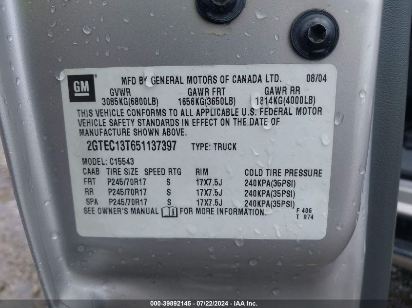 2005 GMC Sierra 1500 Sle VIN: 2GTEC13T651137397 Lot: 39892145
