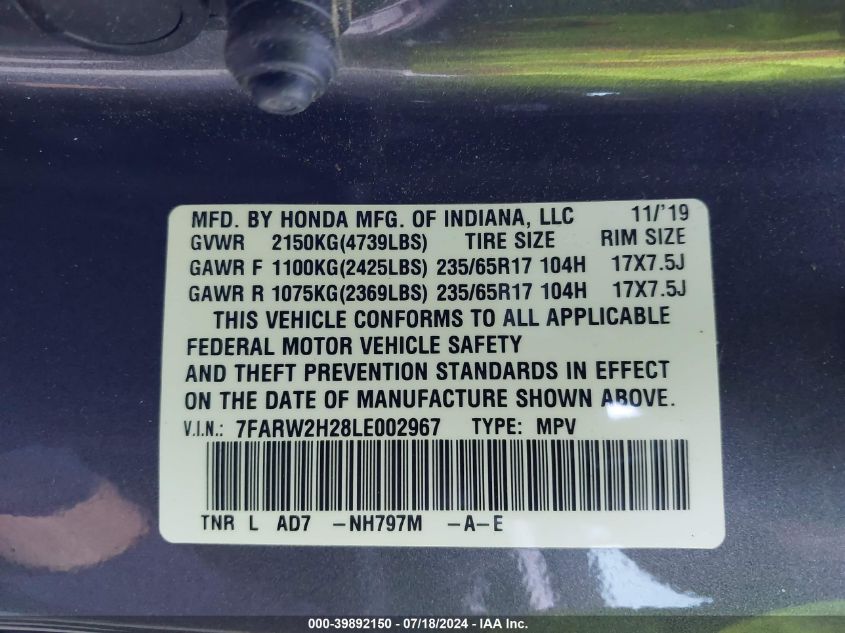 2020 Honda Cr-V Lx VIN: 7FARW2H28LE002967 Lot: 39892150