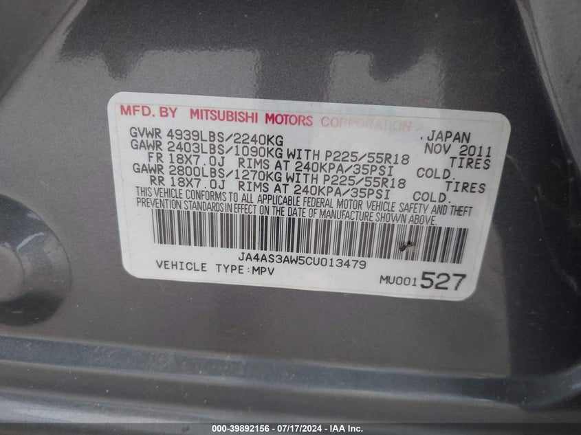 2012 Mitsubishi Outlander Se VIN: JA4AS3AW5CU013479 Lot: 39892156