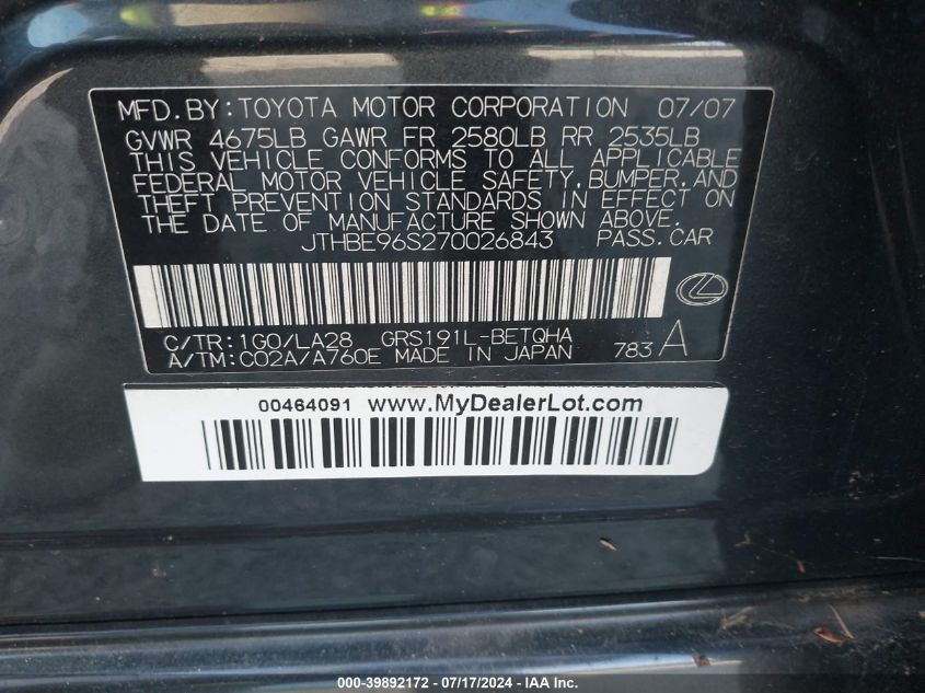 2007 Lexus Gs 350 VIN: JTHBE96S270026843 Lot: 39892172