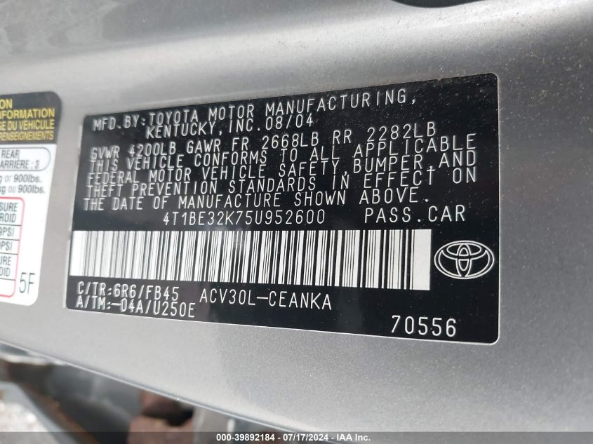 2005 Toyota Camry Le VIN: 4T1BE32K75U952600 Lot: 39892184