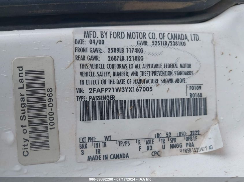 2000 Ford Crown Victoria Police Interceptor VIN: 2FAFP71W3YX167005 Lot: 39892200