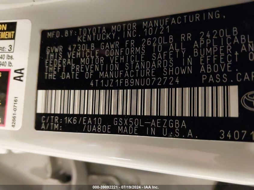 2022 Toyota Avalon Xle VIN: 4T1JZ1FB9NU072724 Lot: 39892221