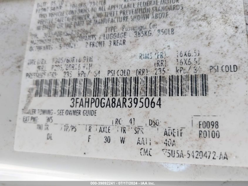 2010 Ford Fusion S VIN: 3FAHP0GA8AR395064 Lot: 39892241