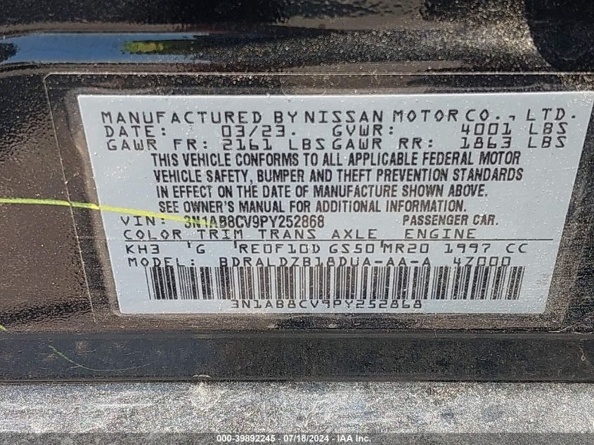 2023 Nissan Sentra Sv Xtronic Cvt VIN: 3N1AB8CV9PY252868 Lot: 39892245