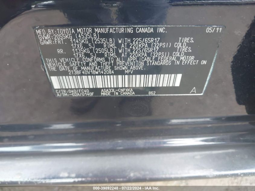 2011 Toyota Rav4 VIN: 2T3BF4DV1BW142084 Lot: 39892248