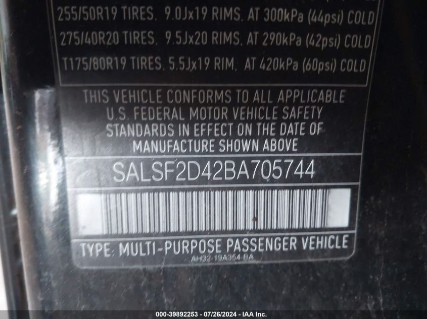 2011 Land Rover Range Rover Sport Hse VIN: SALSF2D42BA705744 Lot: 39892253