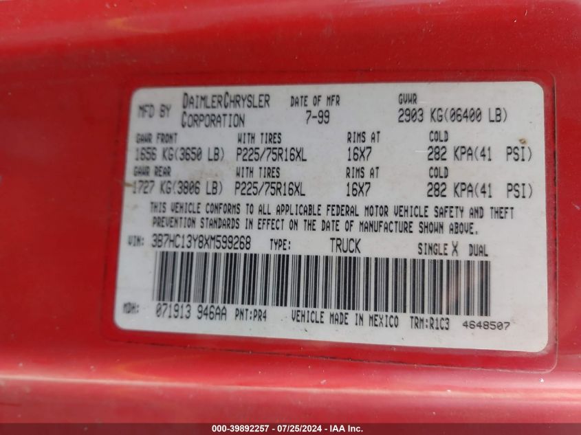 1999 Dodge Ram 1500 St VIN: 3B7HC13Y8XM599268 Lot: 39892257
