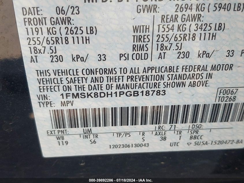 2023 Ford Explorer Xlt VIN: 1FMSK8DH1PGB18783 Lot: 39892286