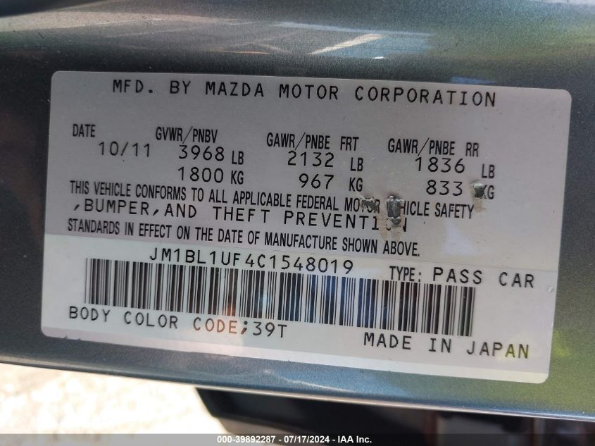 2012 Mazda Mazda3 I Sport VIN: JM1BL1UF4C1548019 Lot: 39892287