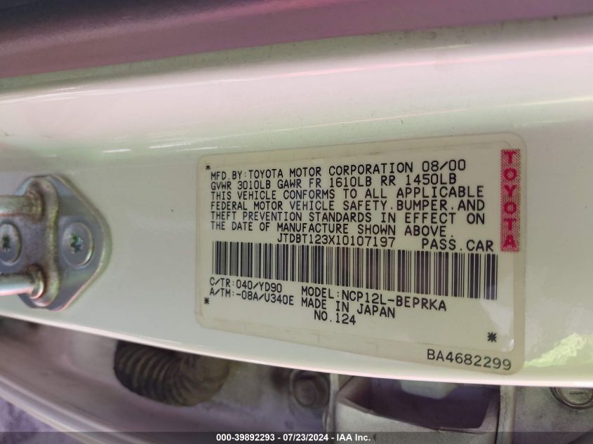 2001 Toyota Echo VIN: JTDBT123X10107197 Lot: 39892293