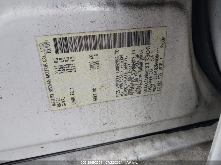 2010 Nissan Maxima 3.5 S VIN: 1N4AA5AP8AC813506 Lot: 39892307