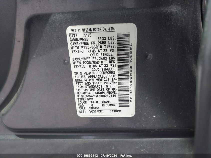 2013 Nissan Murano Sl VIN: JN8AZ1MU6DW212146 Lot: 39892312